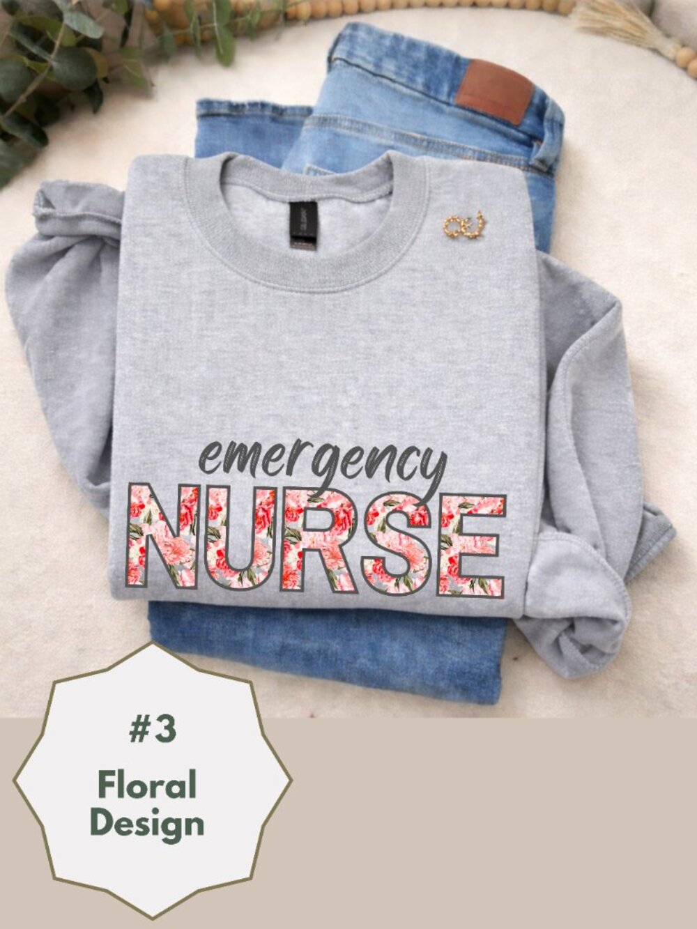 Emergency Nurse Floral Sweatshirt Gray Nurse Crewneck Cozy RN Gift Cute Nurse - Picture 6 of 14